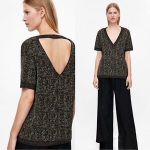 COS Black Metallic Knit V-Neck Short Sleeve Open Back Jacquard Texture Sweater